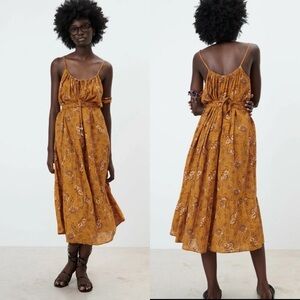Like New Zara Boho Floral Paisely Printed Tie Midi Dress Size L